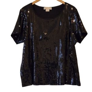 HP!❤️MICHAEL Michael Kors Black Sequined Evening Short Sleeve Crewneck Top 2X